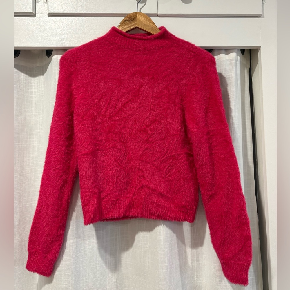 Universal Thread Cropped Mock Neck Hot Pink Fuzzy Sweater